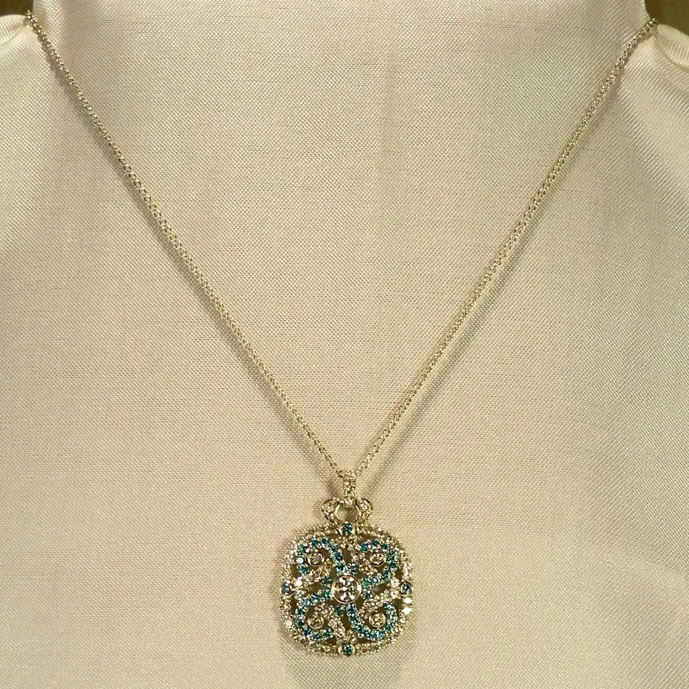 NEW Blue Cubic Zirconias Bezel Silver DESIGNER Necklace